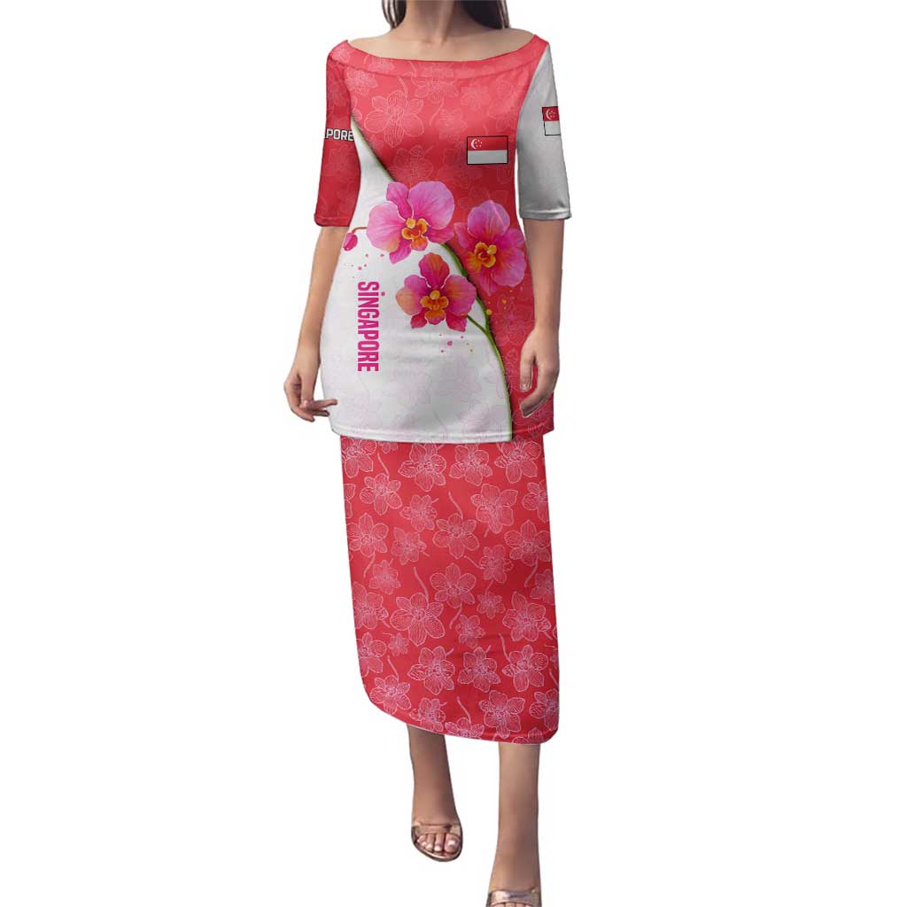 Singapore Family Matching Puletasi and Hawaiian Shirt with Orchid Flower Design and National Flag Motif