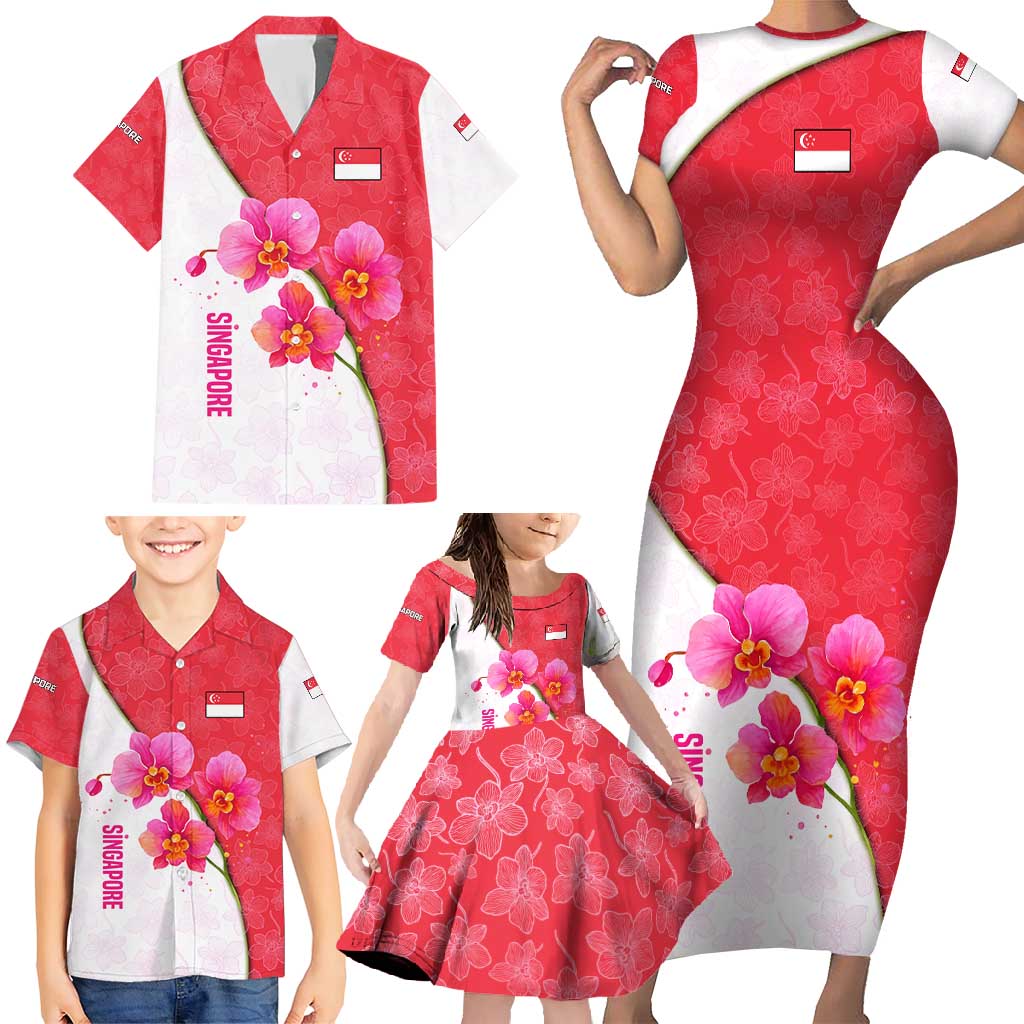 Singapore Family Matching Short Sleeve Bodycon Dress and Hawaiian Shirt with Orchid Flower Design and National Flag Motif