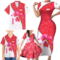 Singapore Family Matching Short Sleeve Bodycon Dress and Hawaiian Shirt with Orchid Flower Design and National Flag Motif