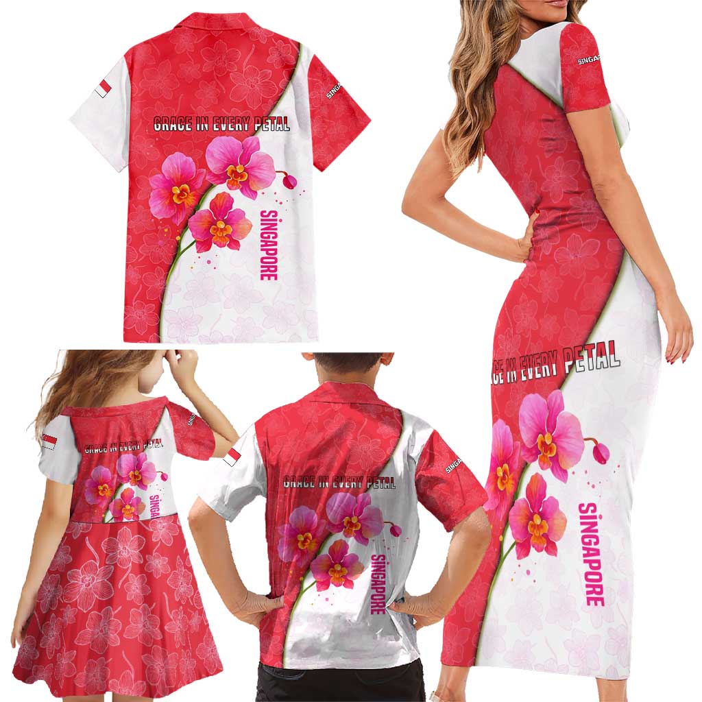 Singapore Family Matching Short Sleeve Bodycon Dress and Hawaiian Shirt with Orchid Flower Design and National Flag Motif