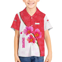Singapore Family Matching Short Sleeve Bodycon Dress and Hawaiian Shirt with Orchid Flower Design and National Flag Motif