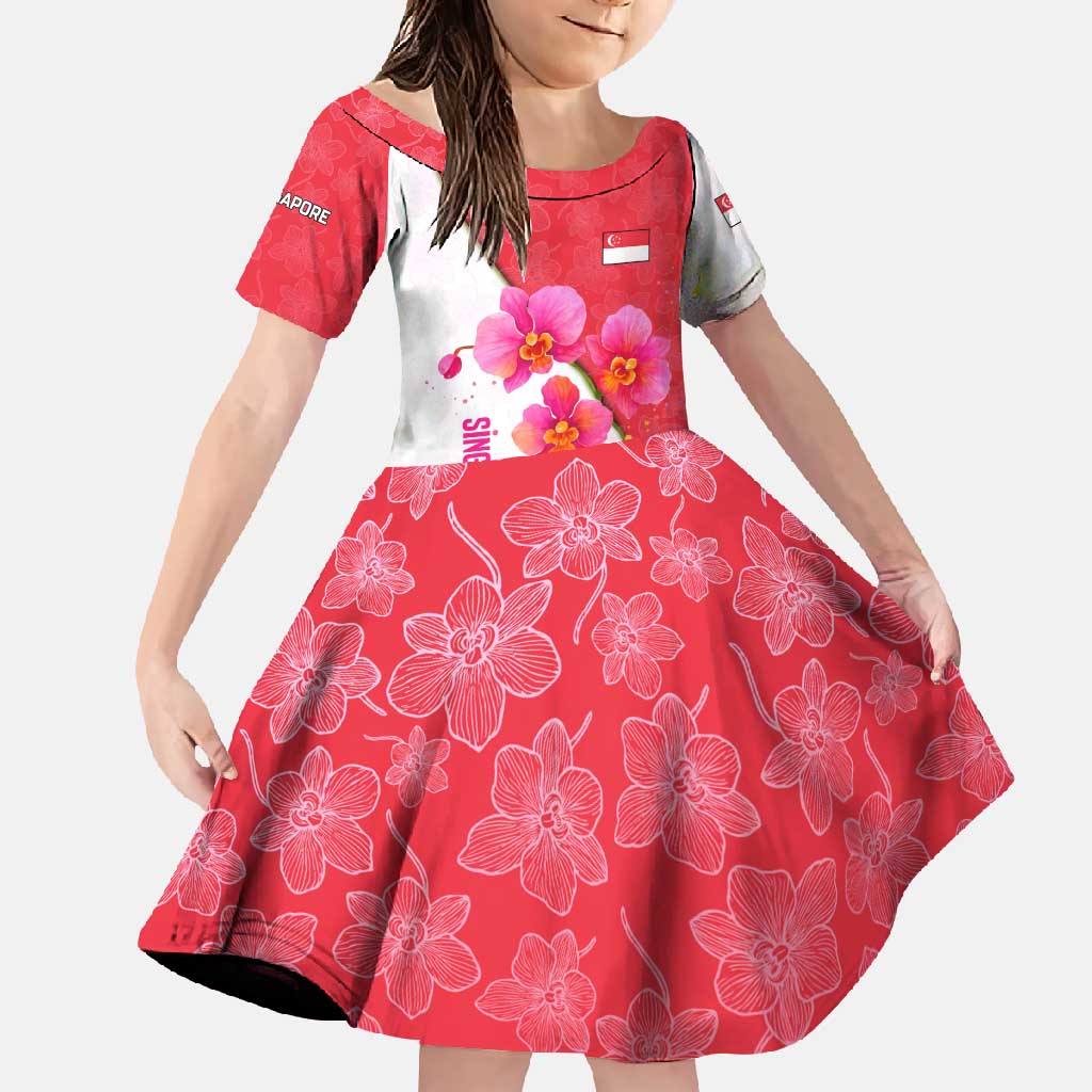 Singapore Family Matching Summer Maxi Dress and Hawaiian Shirt with Orchid Flower Design and National Flag Motif