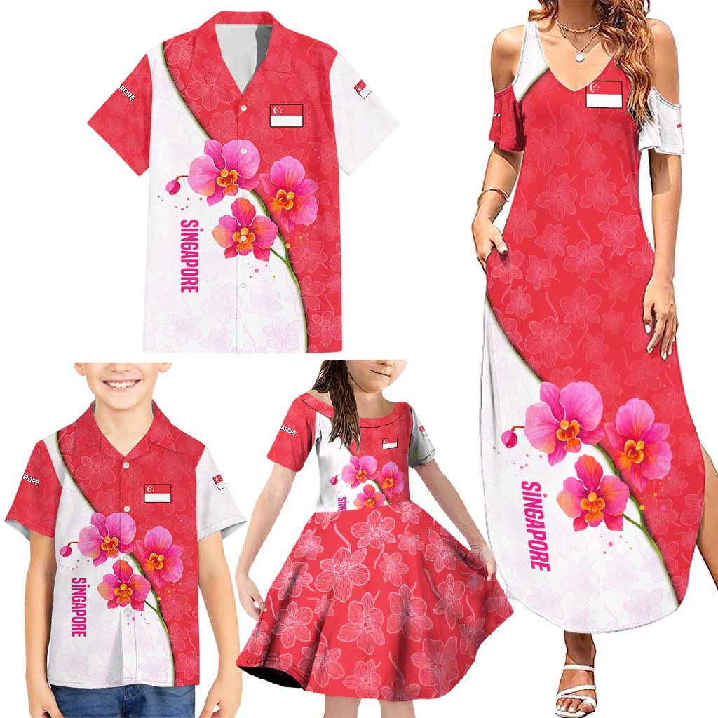 Singapore Family Matching Summer Maxi Dress and Hawaiian Shirt with Orchid Flower Design and National Flag Motif