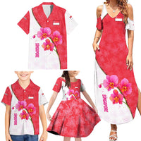 Singapore Family Matching Summer Maxi Dress and Hawaiian Shirt with Orchid Flower Design and National Flag Motif