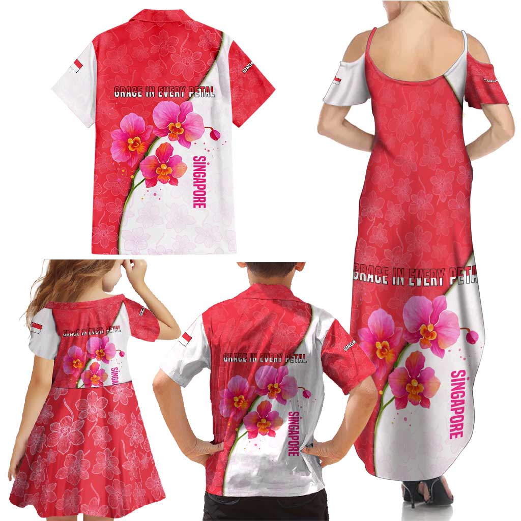 Singapore Family Matching Summer Maxi Dress and Hawaiian Shirt with Orchid Flower Design and National Flag Motif