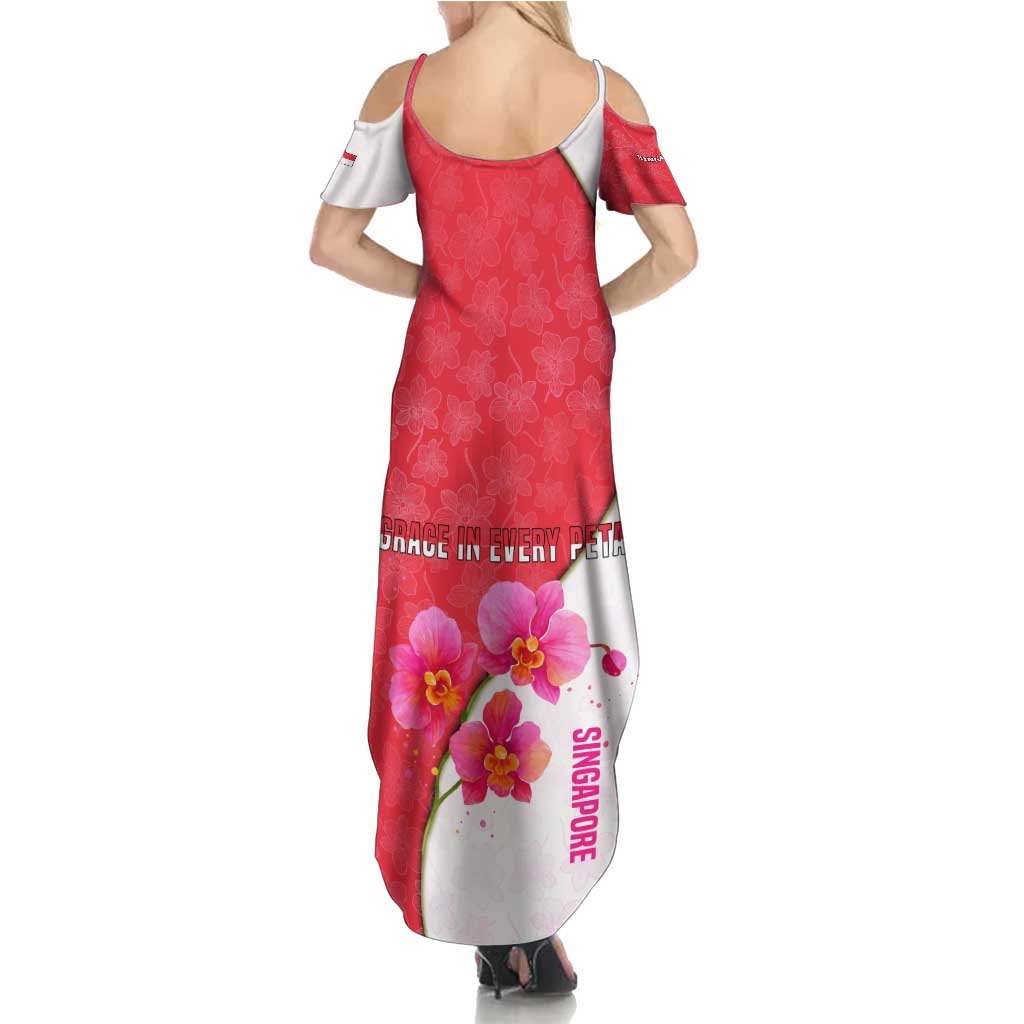 Singapore Family Matching Summer Maxi Dress and Hawaiian Shirt with Orchid Flower Design and National Flag Motif