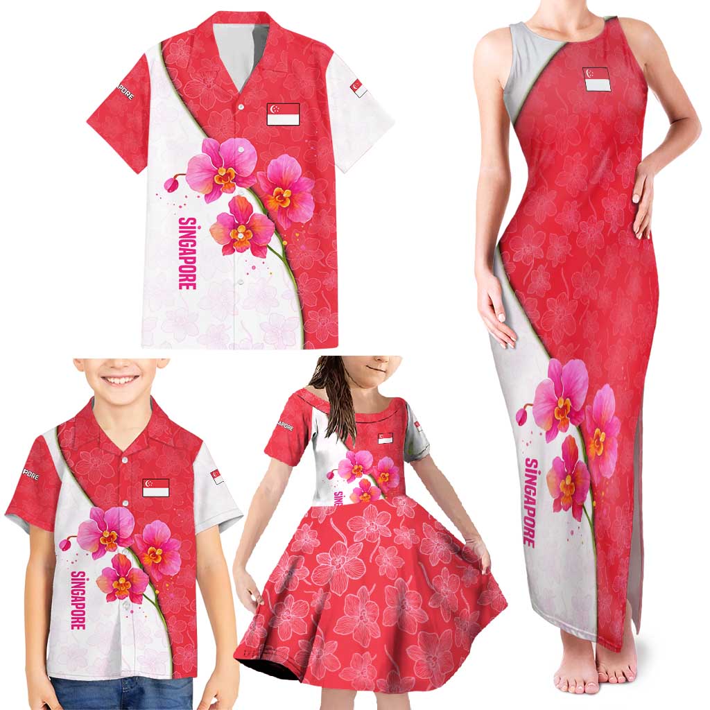 Singapore Family Matching Tank Maxi Dress and Hawaiian Shirt with Orchid Flower Design and National Flag Motif