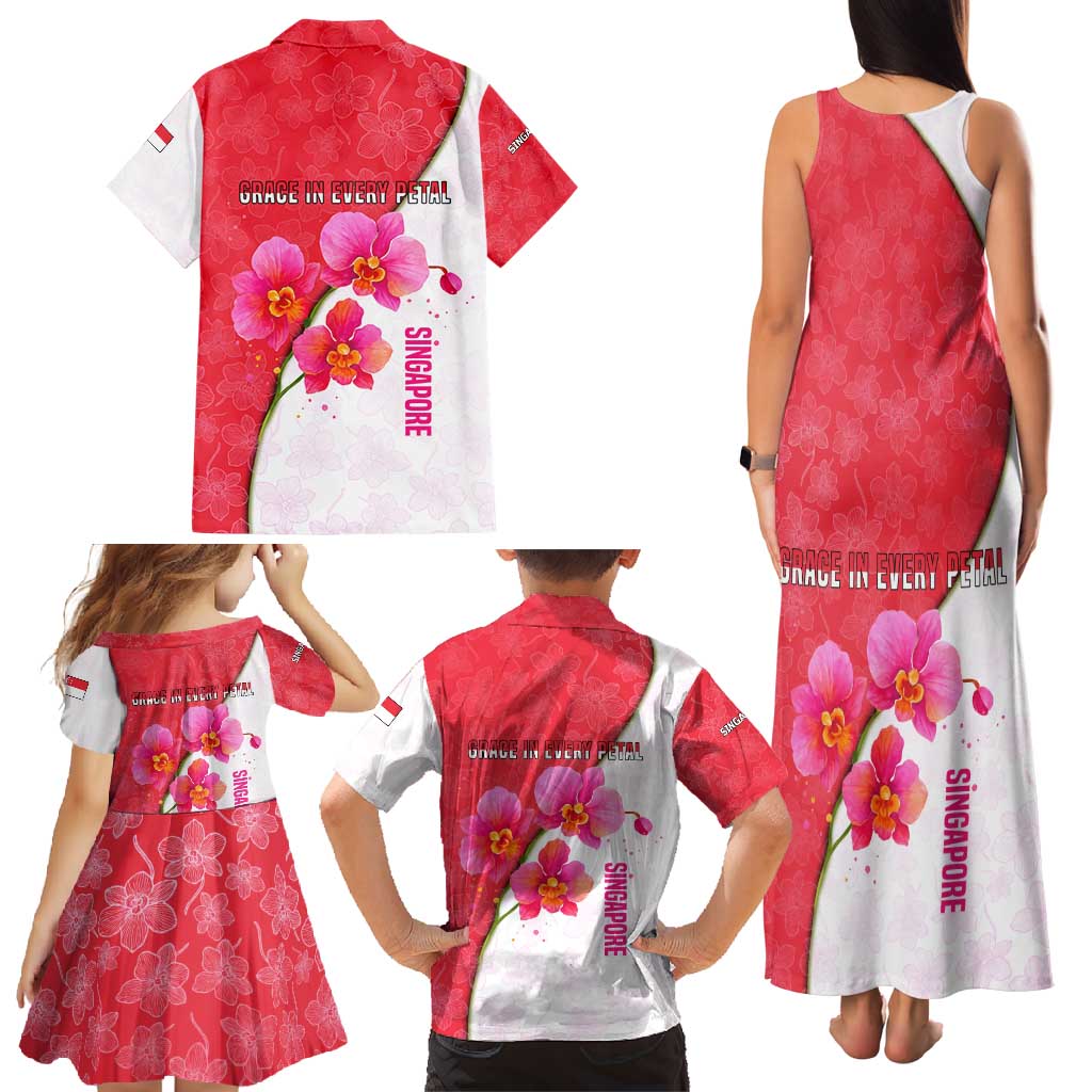 Singapore Family Matching Tank Maxi Dress and Hawaiian Shirt with Orchid Flower Design and National Flag Motif
