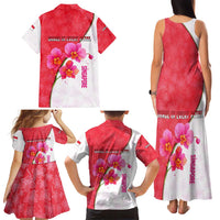 Singapore Family Matching Tank Maxi Dress and Hawaiian Shirt with Orchid Flower Design and National Flag Motif