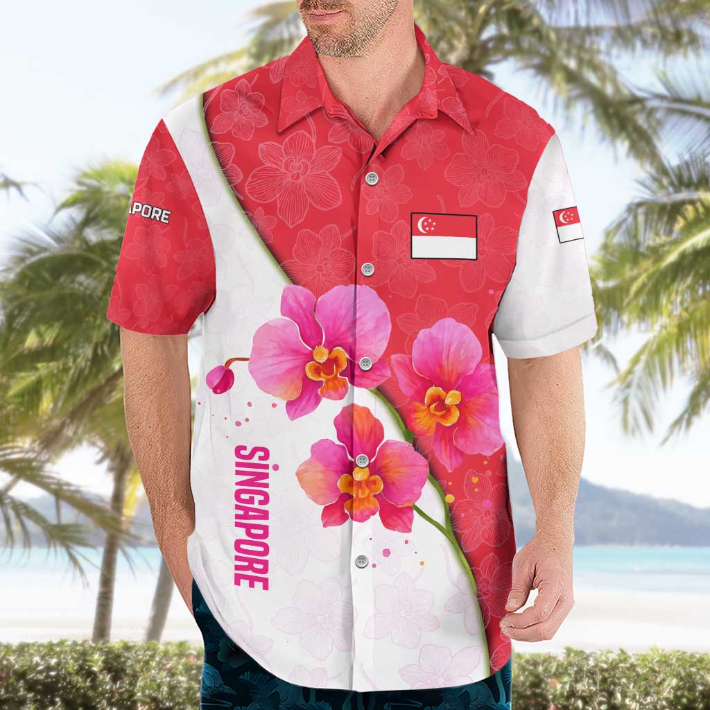 Singapore Hawaiian Shirt with Orchid Flower Design and National Flag Motif