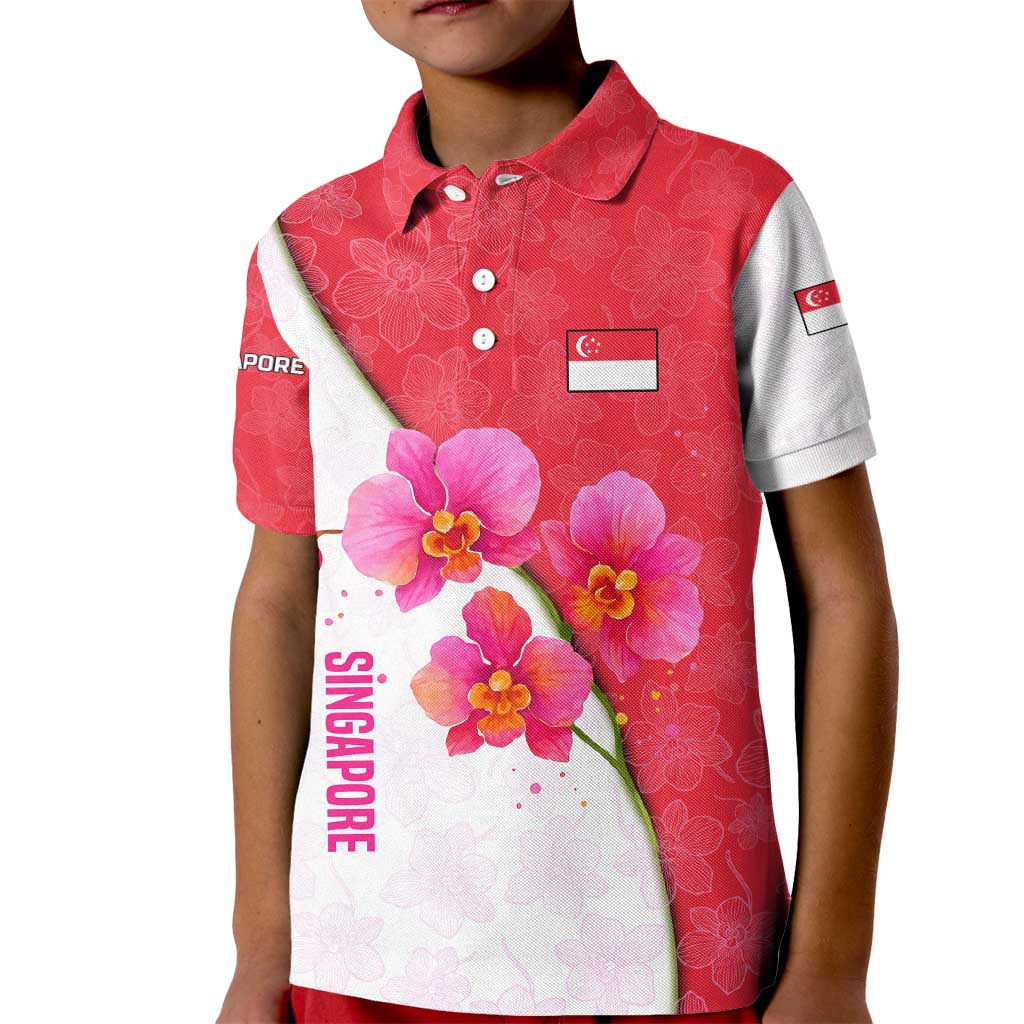 Singapore Kid Polo Shirt with Orchid Flower Design and National Flag Motif