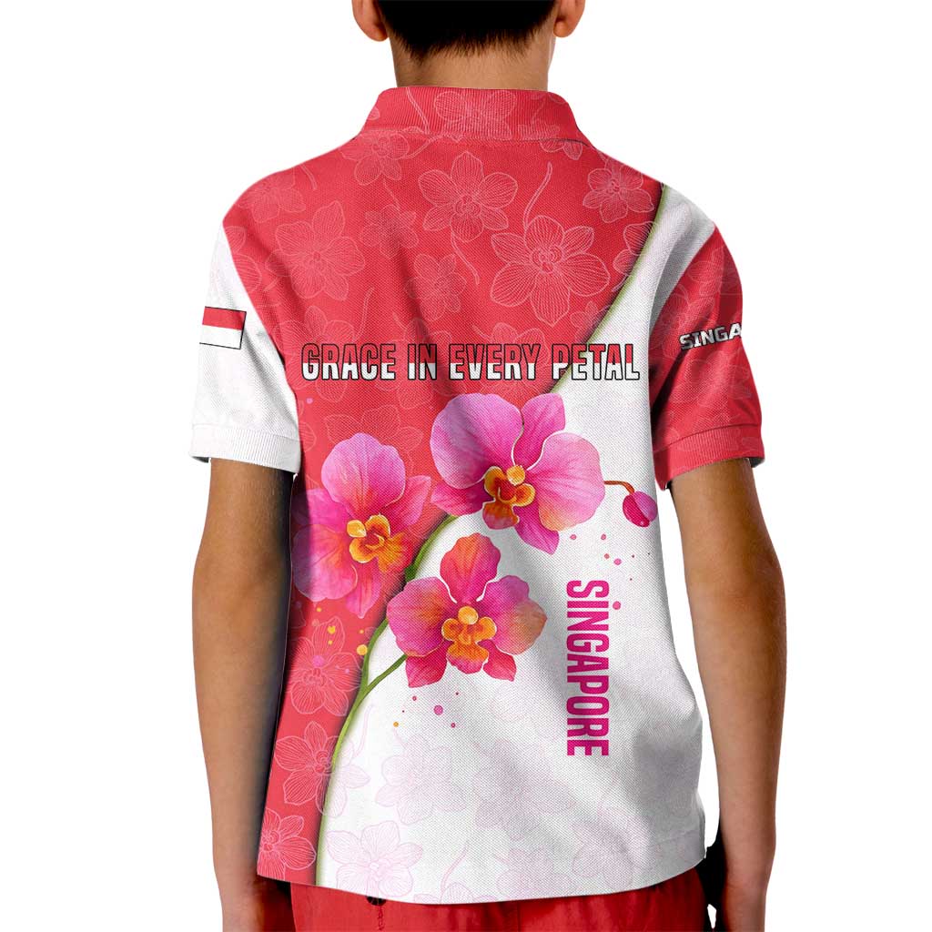 Singapore Kid Polo Shirt with Orchid Flower Design and National Flag Motif