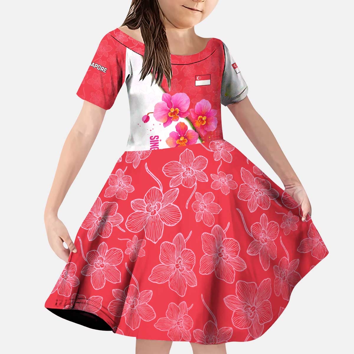 Singapore Kid Short Sleeve Dress with Orchid Flower Design and National Flag Motif