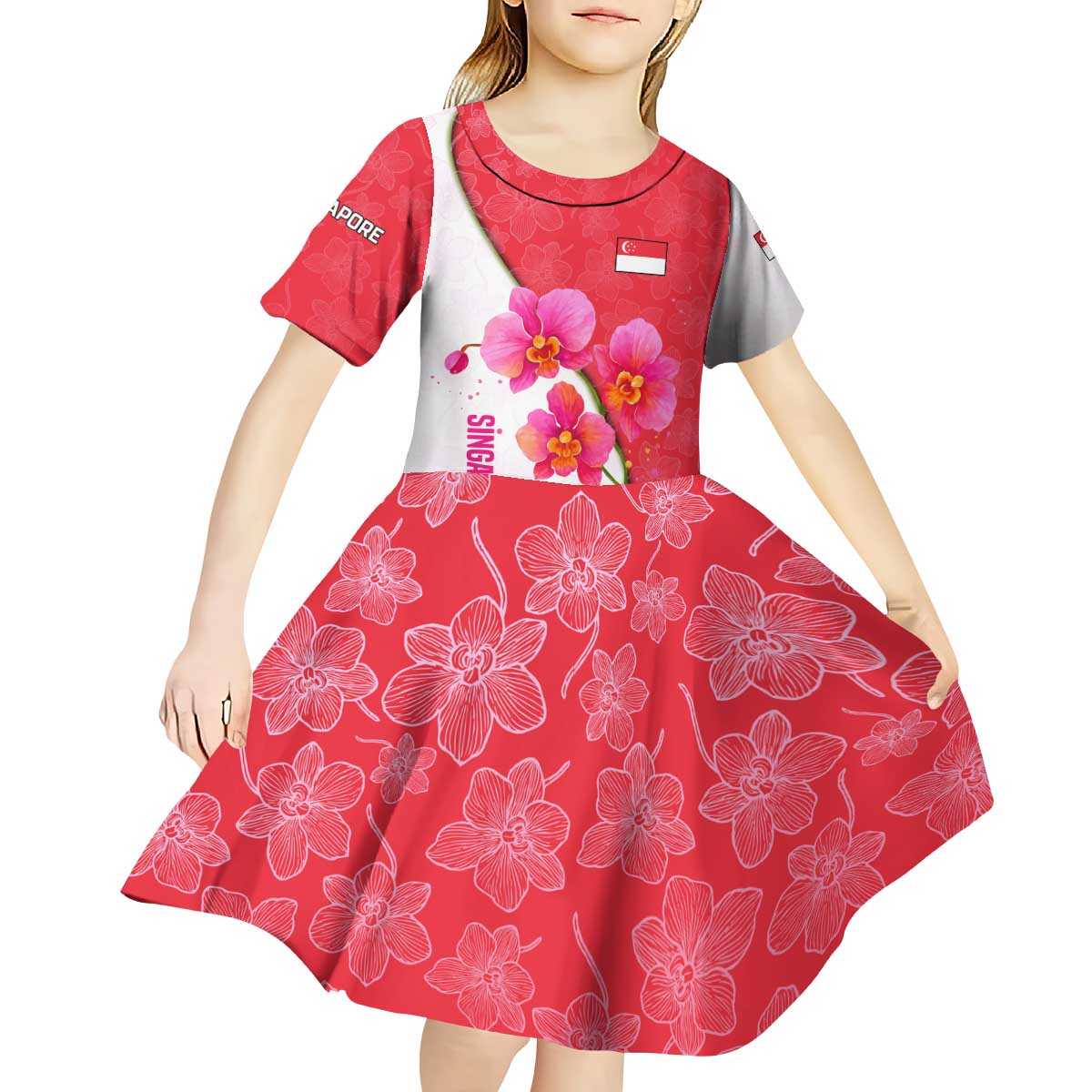 Singapore Kid Short Sleeve Dress with Orchid Flower Design and National Flag Motif