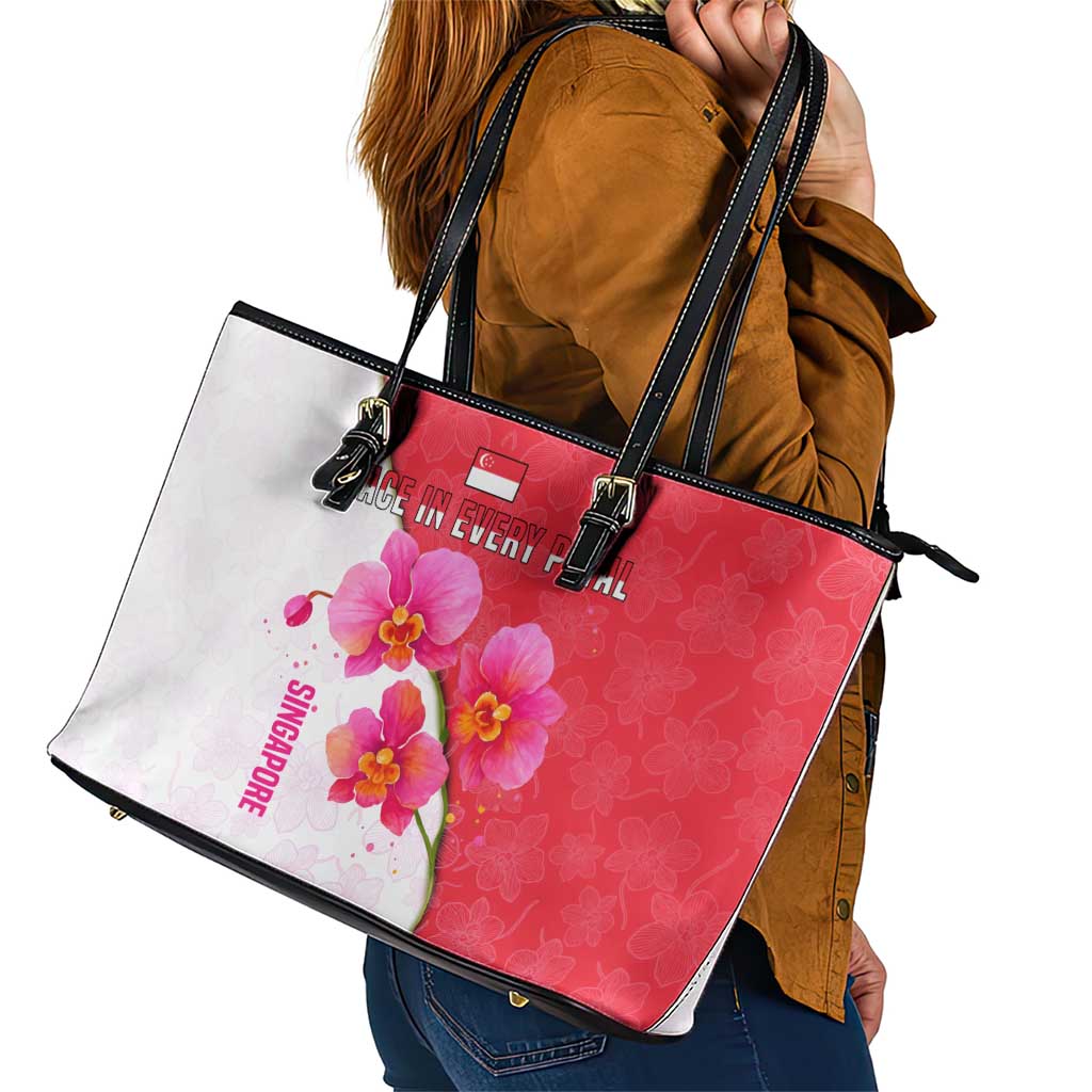 Singapore Leather Tote Bag with Orchid Flower Design and National Flag Motif