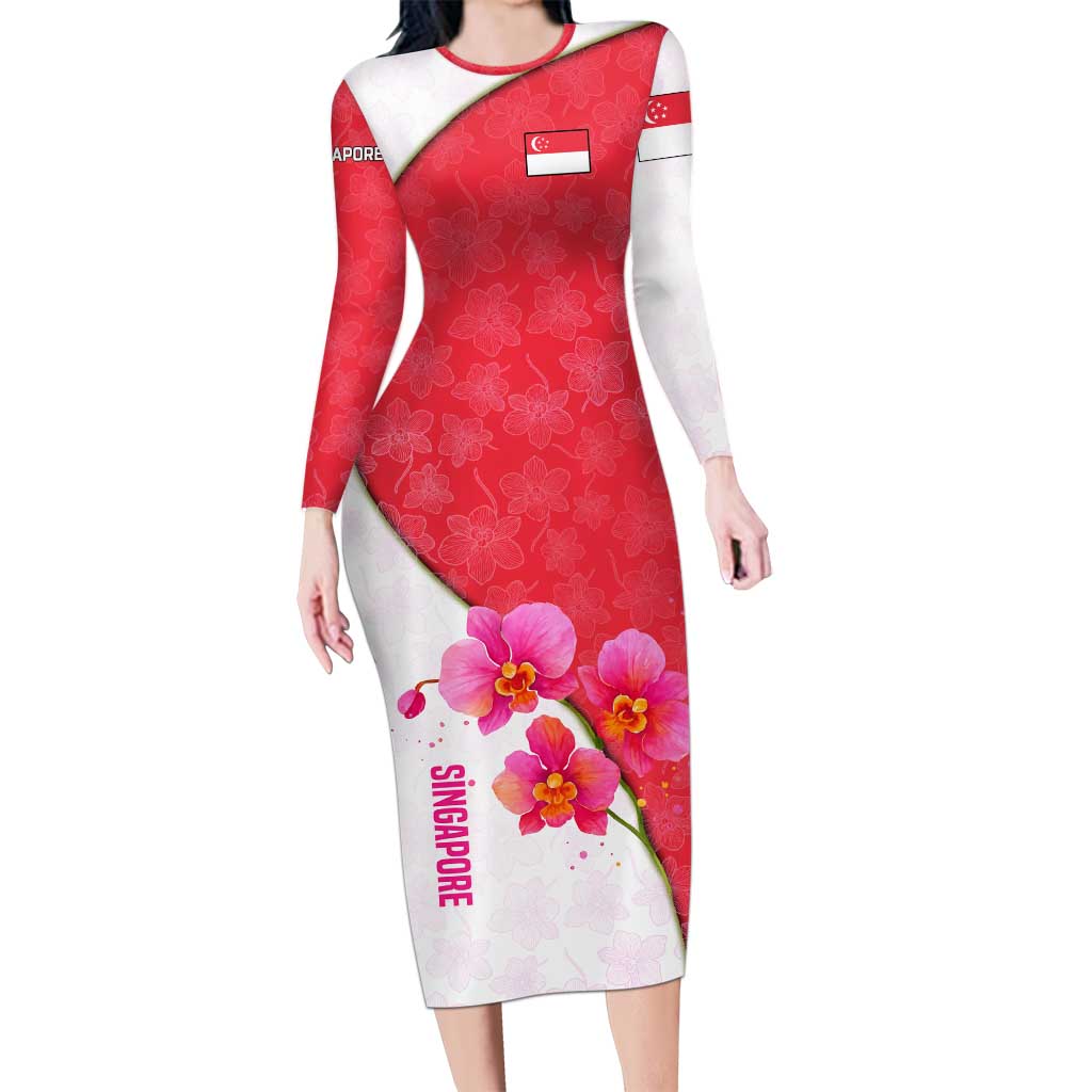 Singapore Long Sleeve Bodycon Dress with Orchid Flower Design and National Flag Motif
