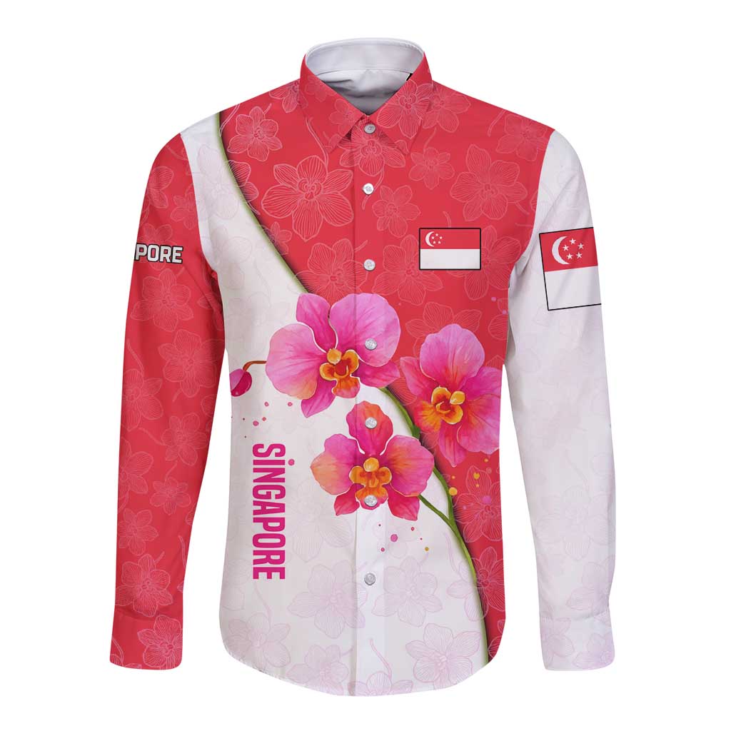 Singapore Long Sleeve Button Shirt with Orchid Flower Design and National Flag Motif