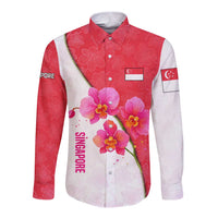 Singapore Long Sleeve Button Shirt with Orchid Flower Design and National Flag Motif