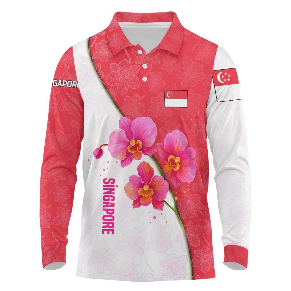 Singapore Long Sleeve Polo Shirt with Orchid Flower Design and National Flag Motif