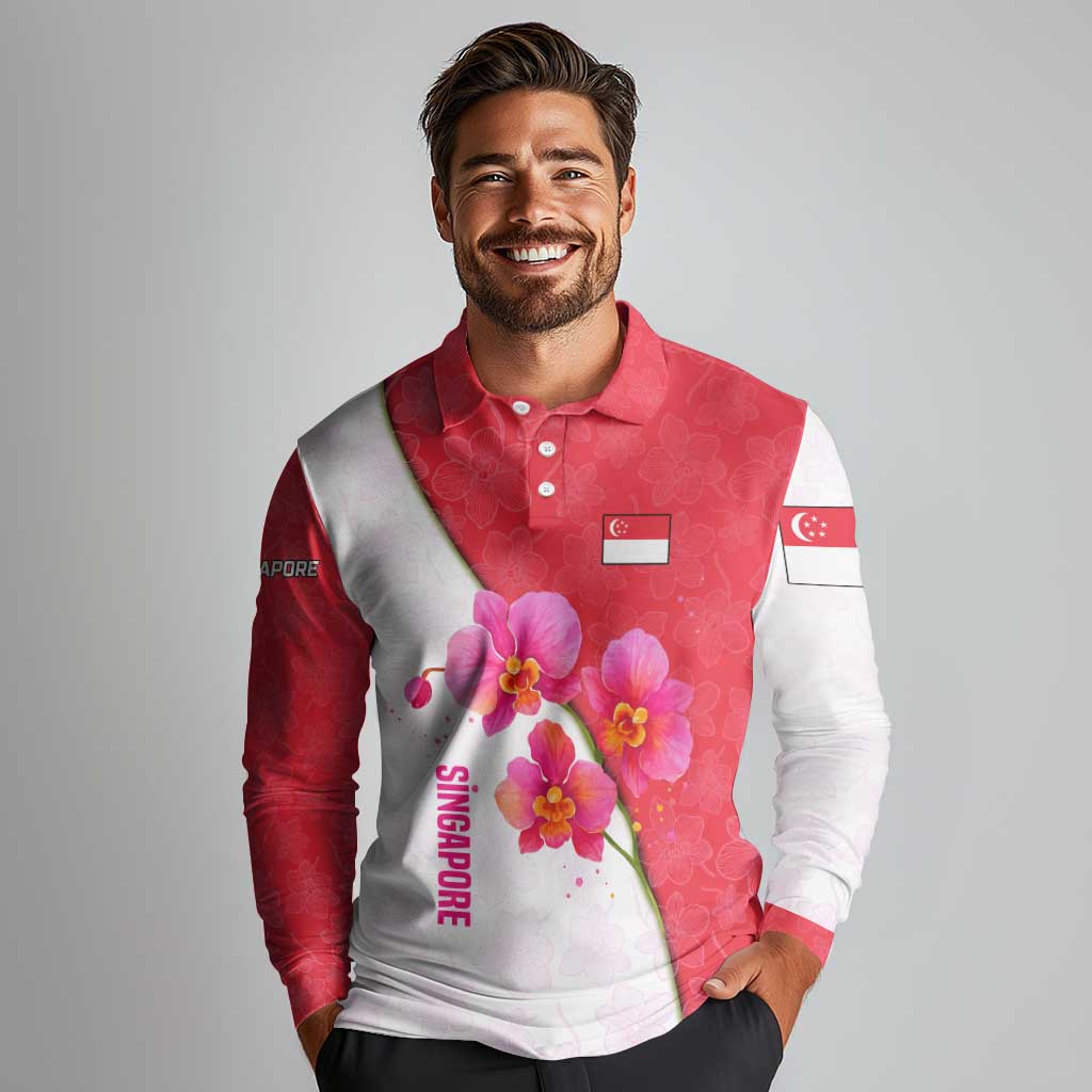Singapore Long Sleeve Polo Shirt with Orchid Flower Design and National Flag Motif