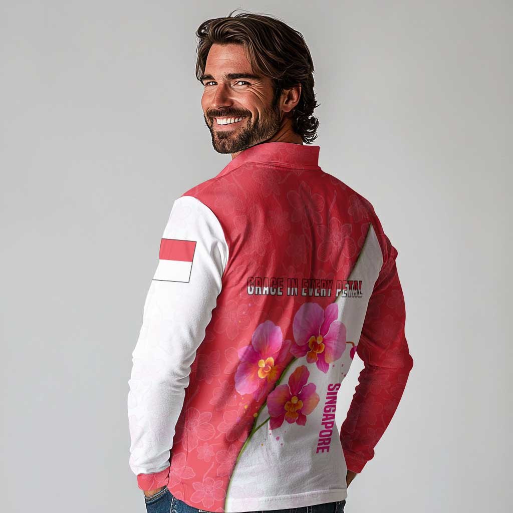 Singapore Long Sleeve Polo Shirt with Orchid Flower Design and National Flag Motif