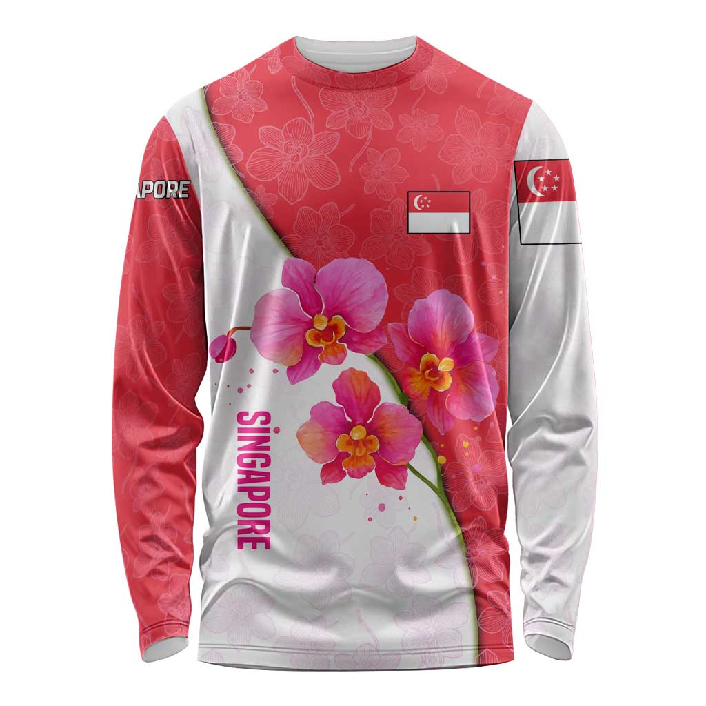 Singapore Long Sleeve Shirt with Orchid Flower Design and National Flag Motif