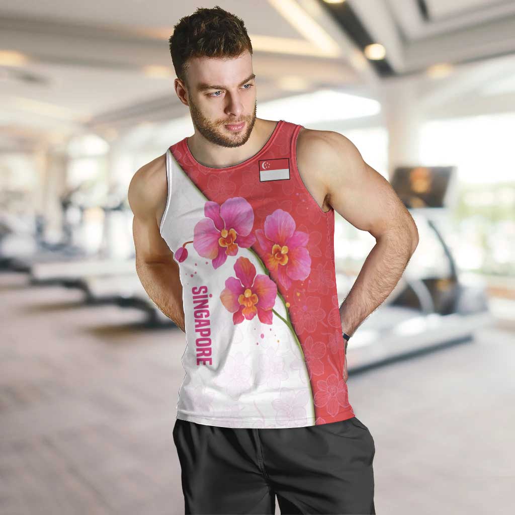 Singapore Men Tank Top with Orchid Flower Design and National Flag Motif