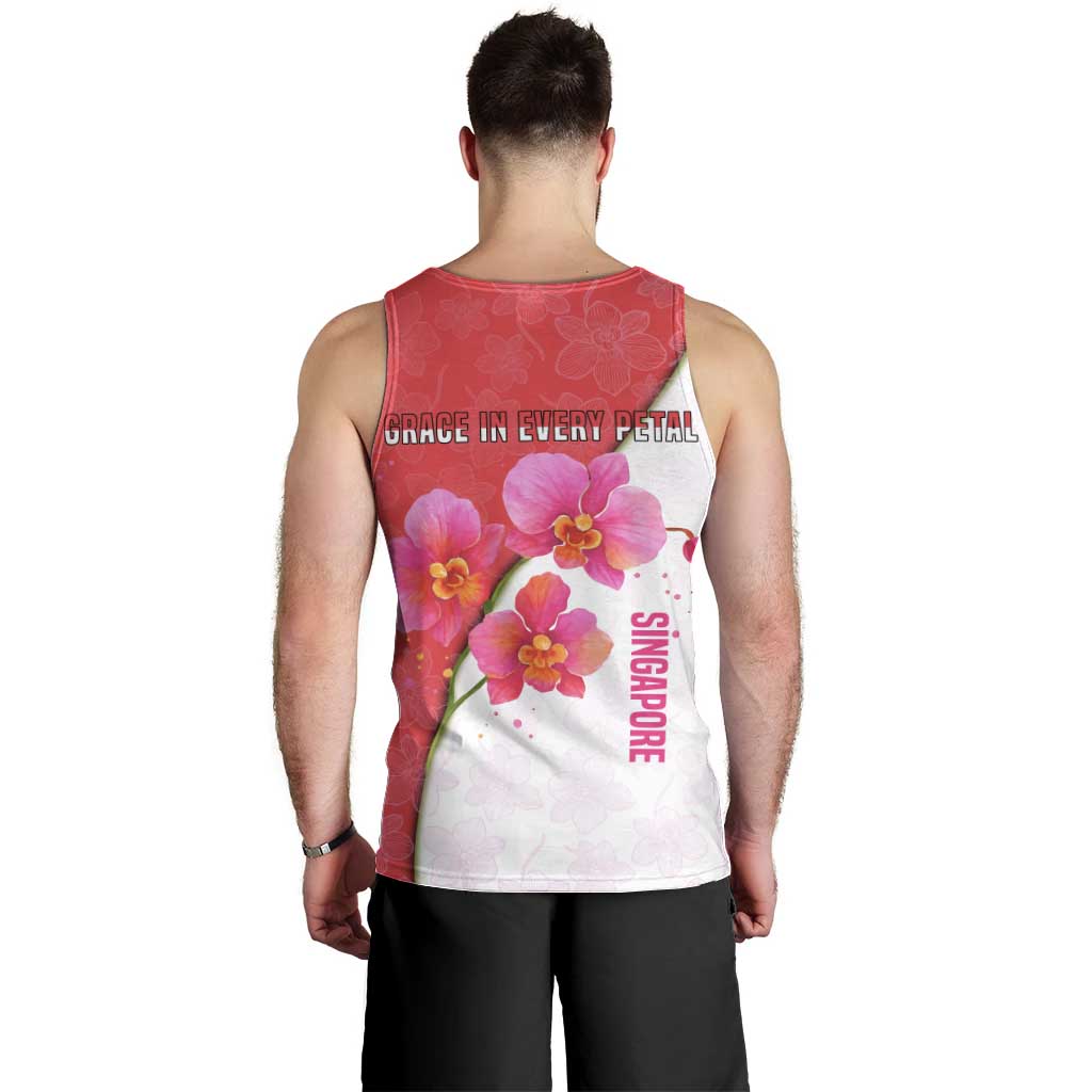 Singapore Men Tank Top with Orchid Flower Design and National Flag Motif