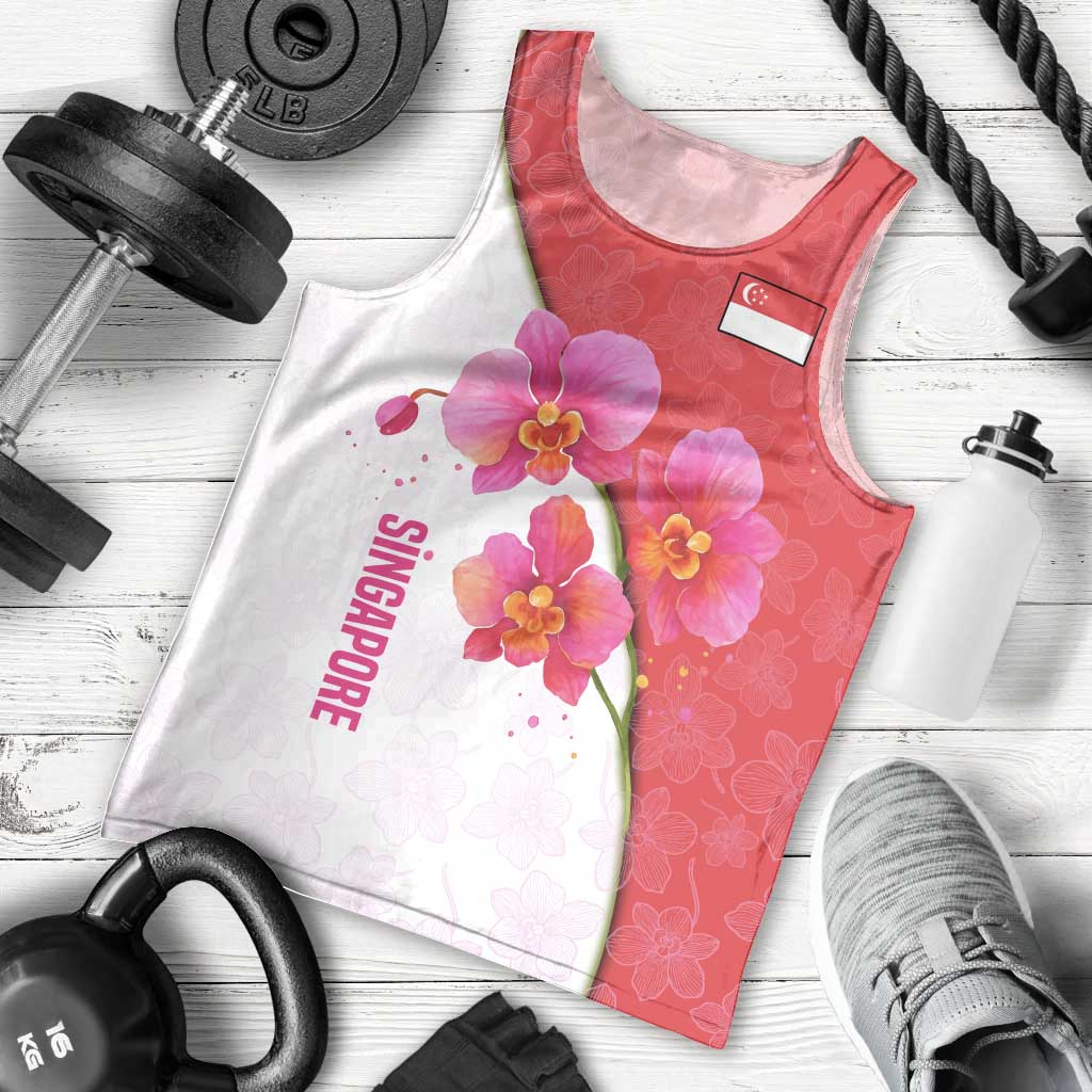 Singapore Men Tank Top with Orchid Flower Design and National Flag Motif