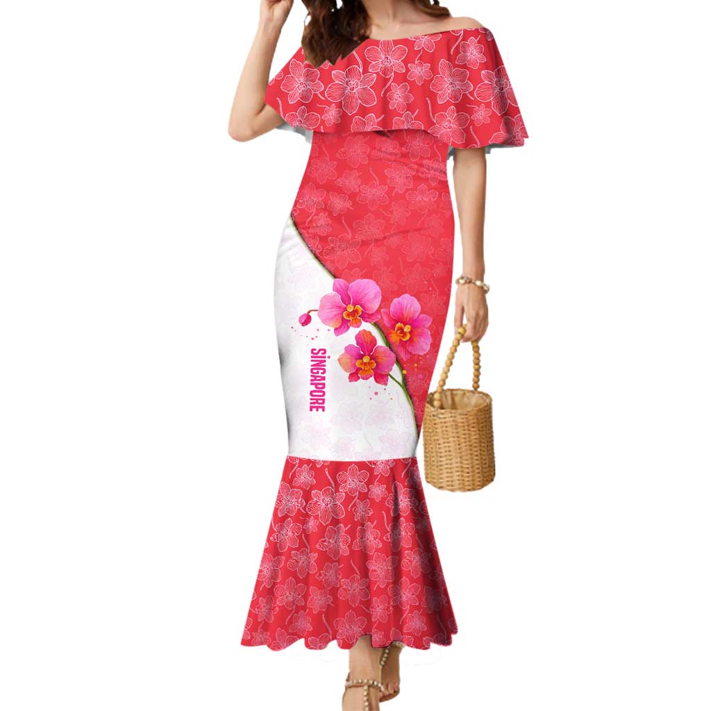Singapore Mermaid Dress with Orchid Flower Design and National Flag Motif