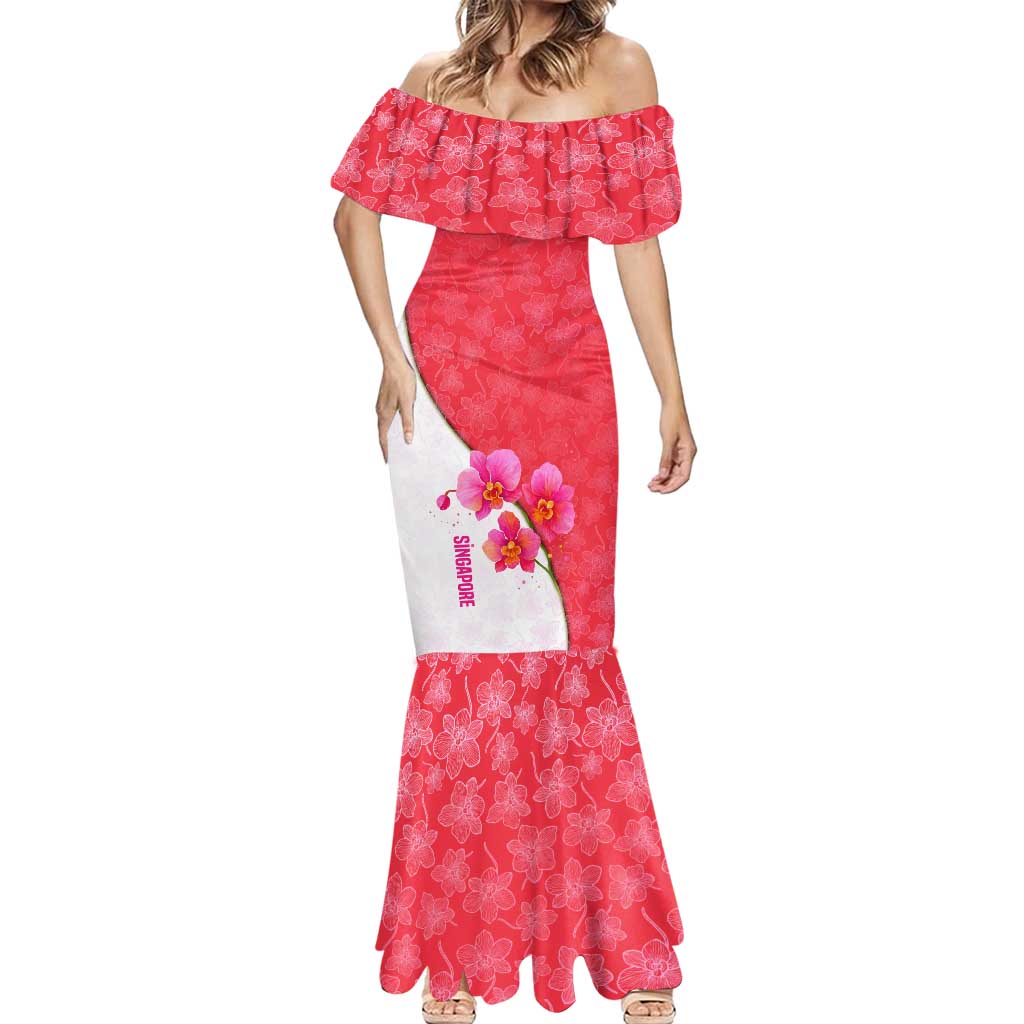 Singapore Mermaid Dress with Orchid Flower Design and National Flag Motif