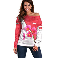 Singapore Off Shoulder Sweater with Orchid Flower Design and National Flag Motif