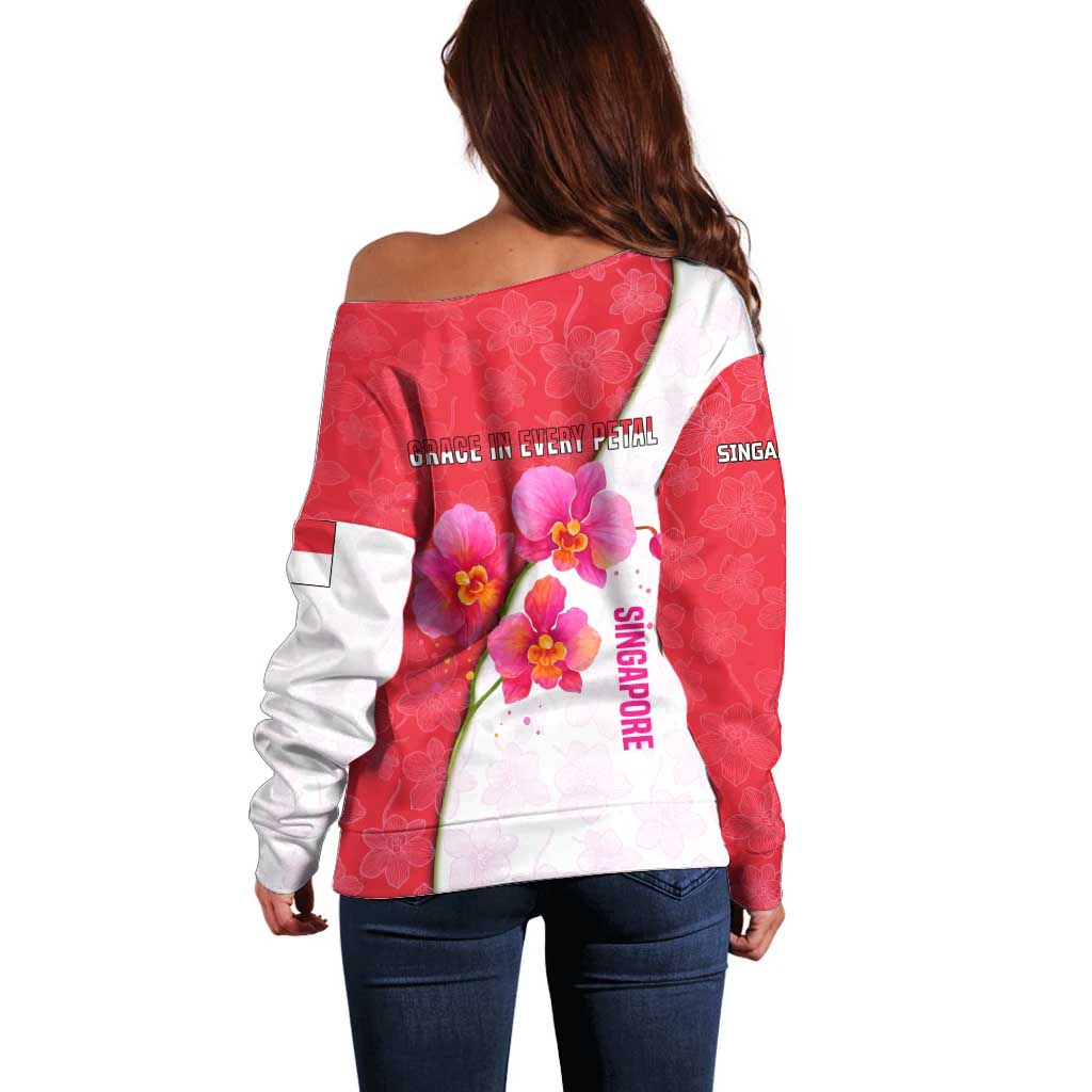 Singapore Off Shoulder Sweater with Orchid Flower Design and National Flag Motif