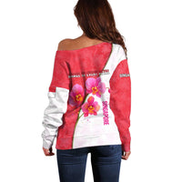Singapore Off Shoulder Sweater with Orchid Flower Design and National Flag Motif