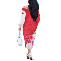 Singapore Off The Shoulder Long Sleeve Dress with Orchid Flower Design and National Flag Motif