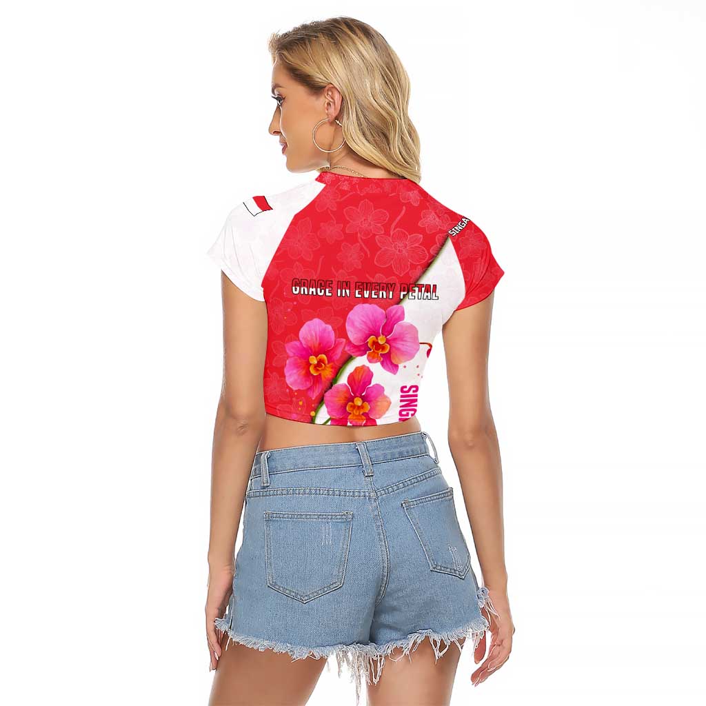 Singapore Raglan Cropped T Shirt with Orchid Flower Design and National Flag Motif