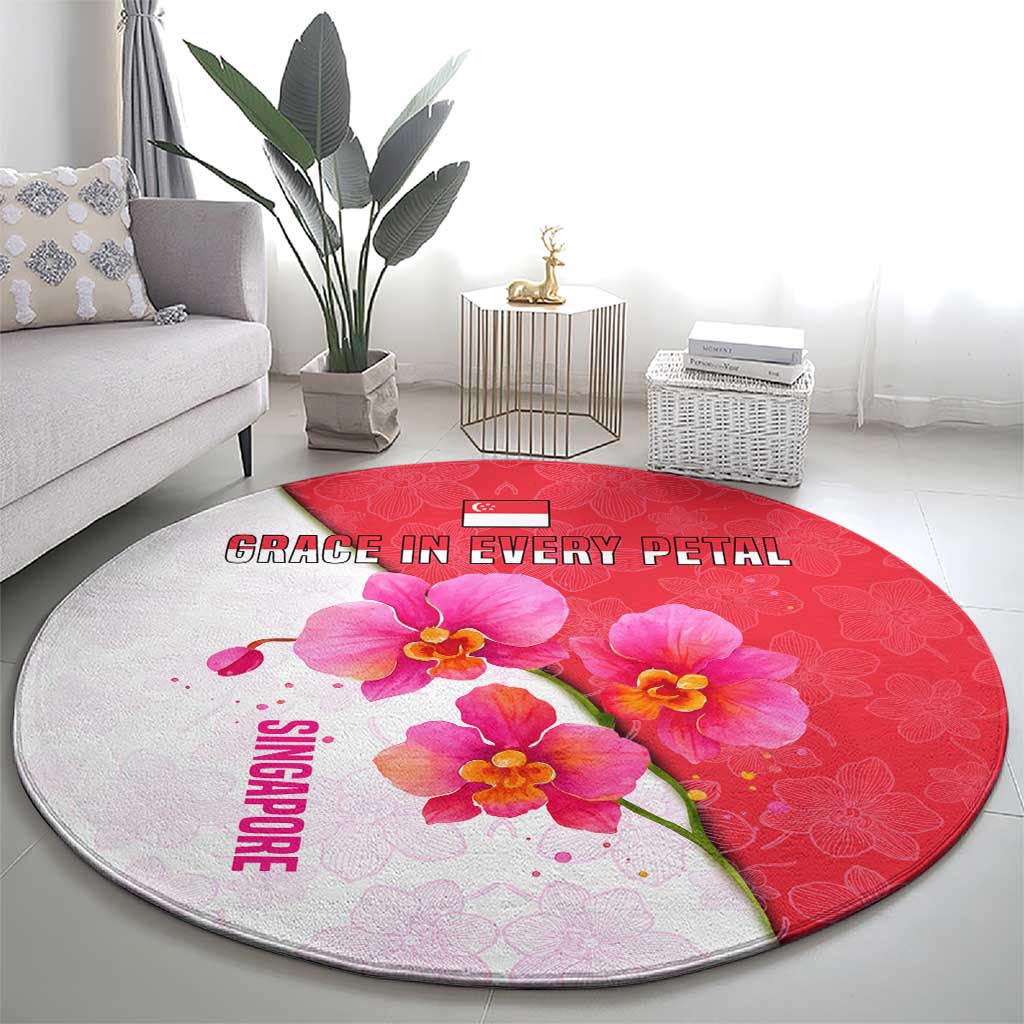 Singapore Round Carpet with Orchid Flower Design and National Flag Motif