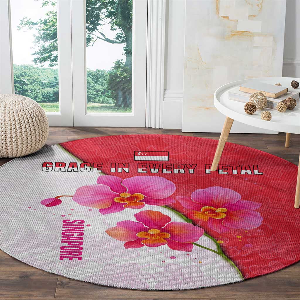 Singapore Round Carpet with Orchid Flower Design and National Flag Motif