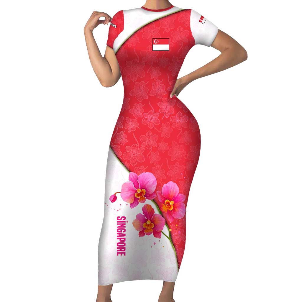 Singapore Short Sleeve Bodycon Dress with Orchid Flower Design and National Flag Motif
