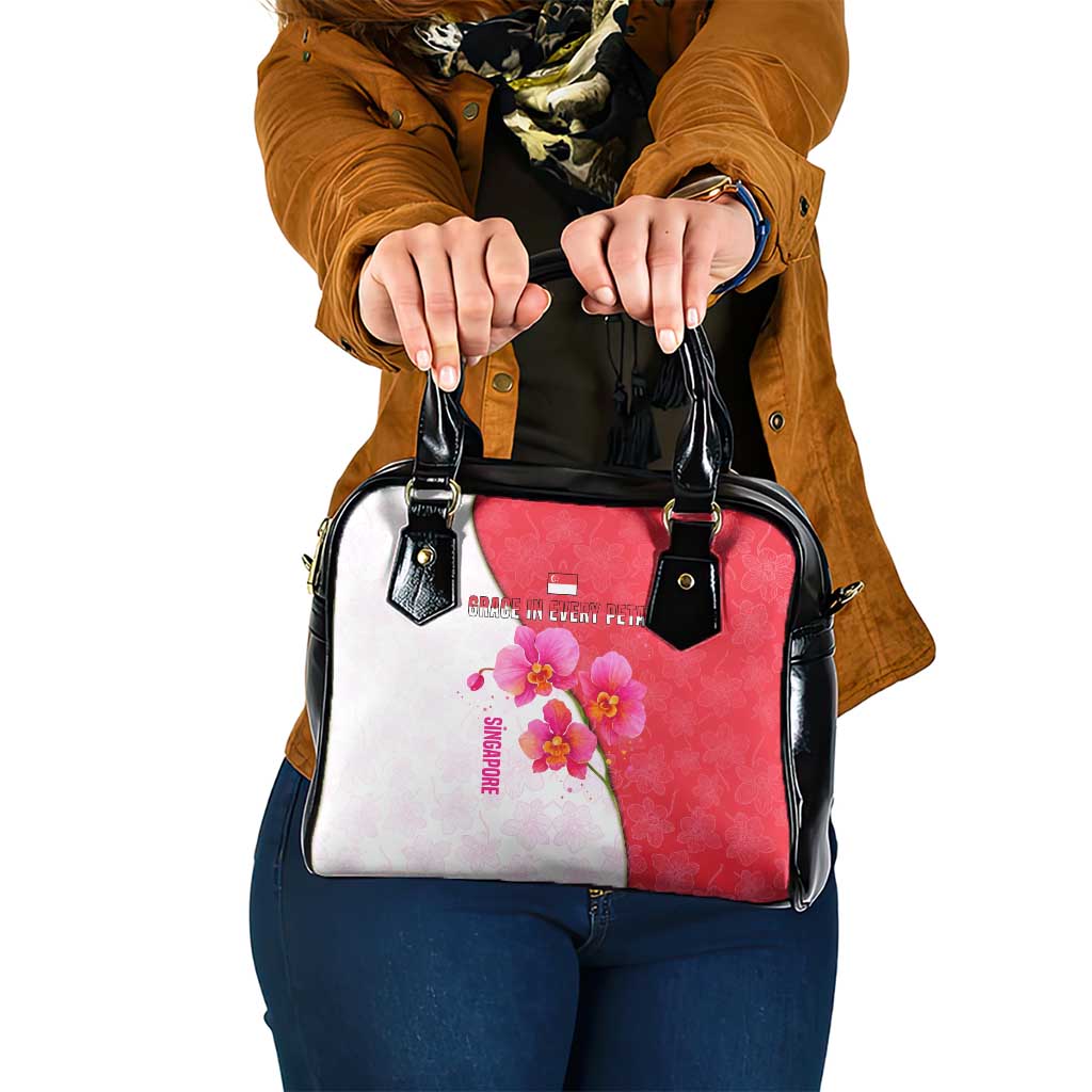 Singapore Shoulder Handbag with Orchid Flower Design and National Flag Motif