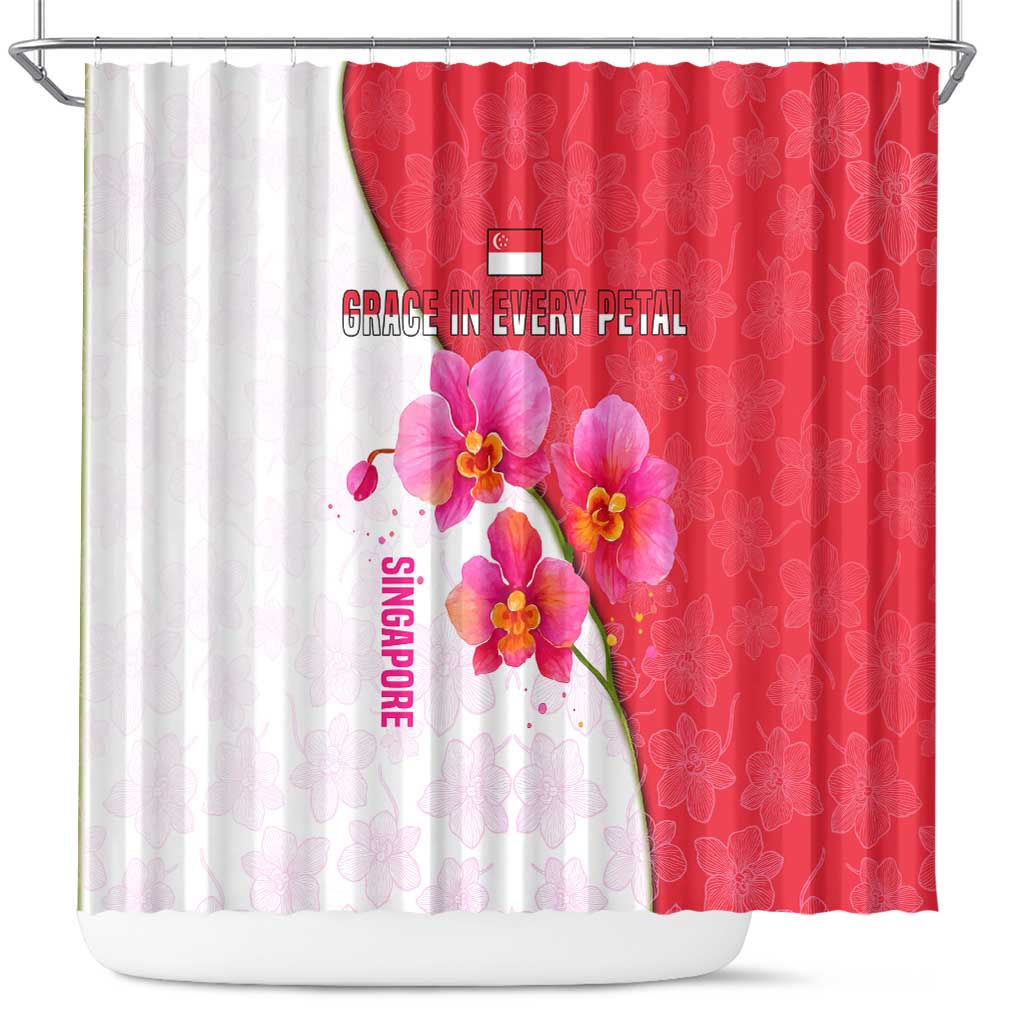 Singapore Shower Curtain with Orchid Flower Design and National Flag Motif