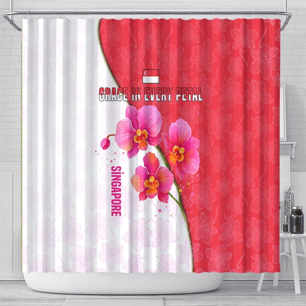 Singapore Shower Curtain with Orchid Flower Design and National Flag Motif