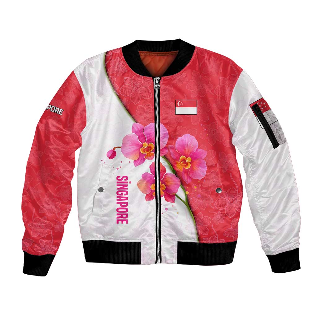 Singapore Sleeve Zip Bomber Jacket with Orchid Flower Design and National Flag Motif