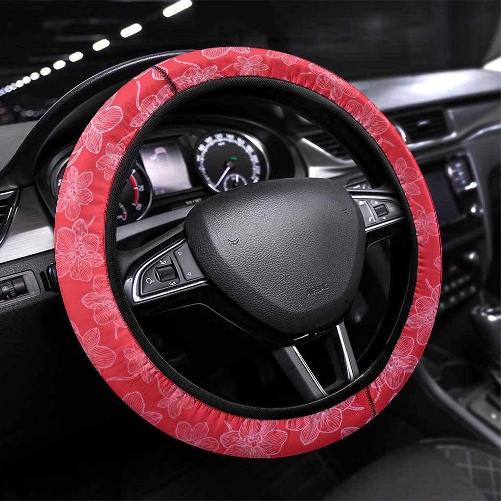 Singapore Steering Wheel Cover with Orchid Flower Design and National Flag Motif
