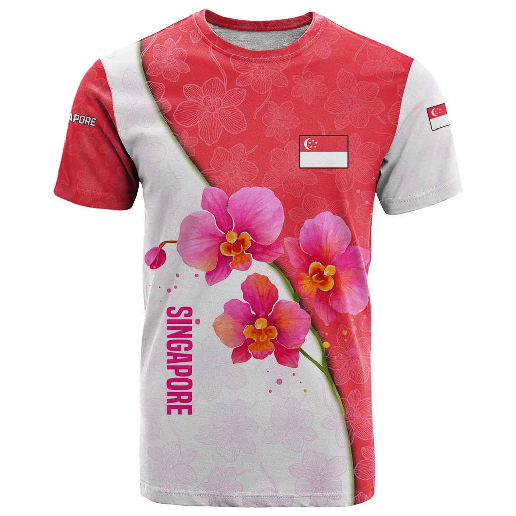 Singapore T Shirt with Orchid Flower Design and National Flag Motif