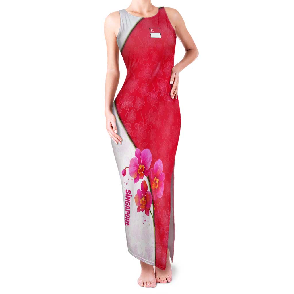 Singapore Tank Maxi Dress with Orchid Flower Design and National Flag Motif