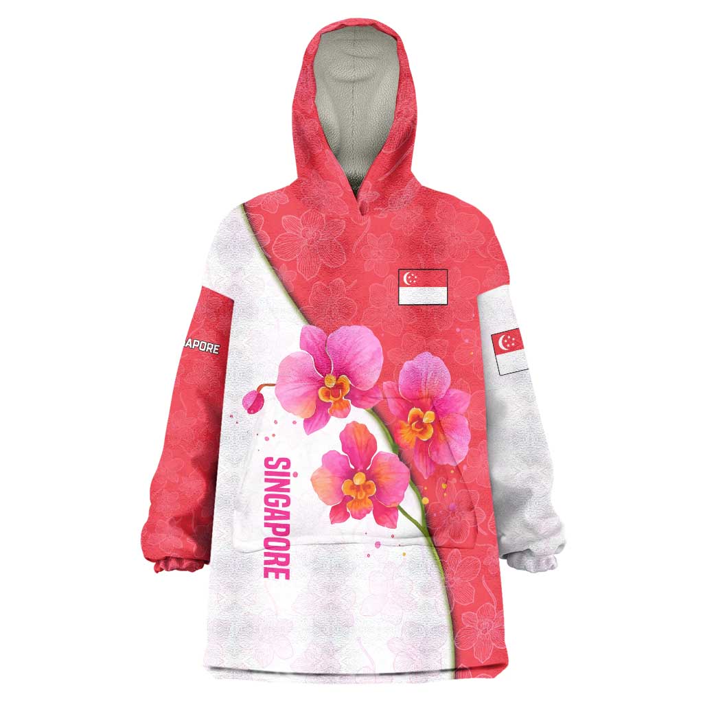 Singapore Wearable Blanket Hoodie with Orchid Flower Design and National Flag Motif