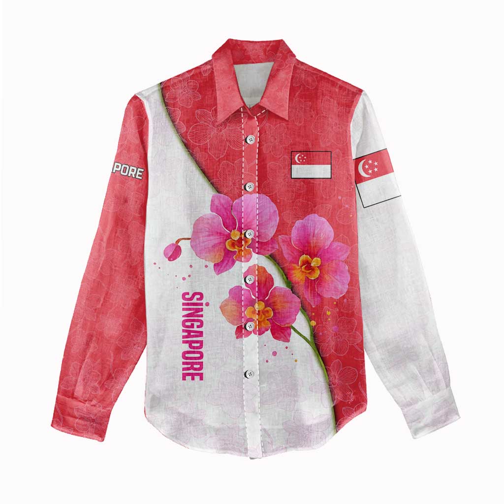 Singapore Women Casual Shirt with Orchid Flower Design and National Flag Motif