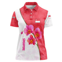 Singapore Women Polo Shirt with Orchid Flower Design and National Flag Motif