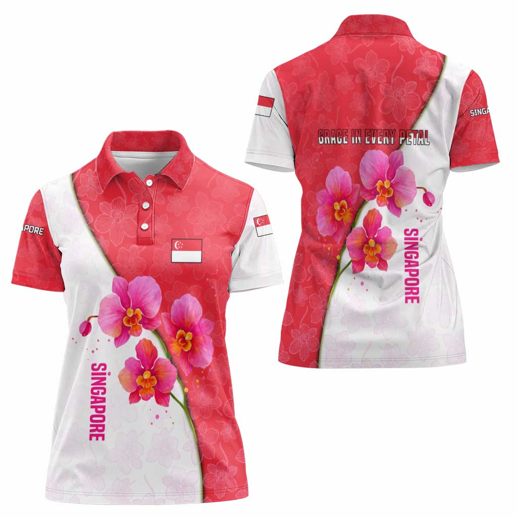 Singapore Women Polo Shirt with Orchid Flower Design and National Flag Motif